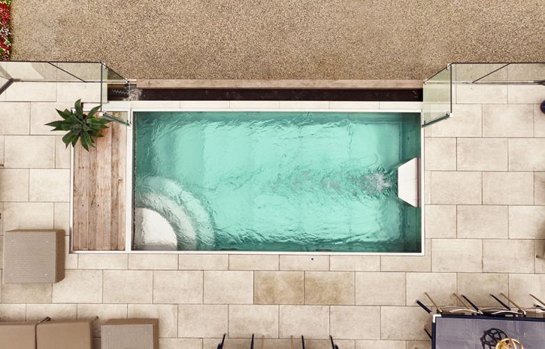 Resistance swim spa with Swimeo counter current unit for endless swimming, photo taken from above aerial view