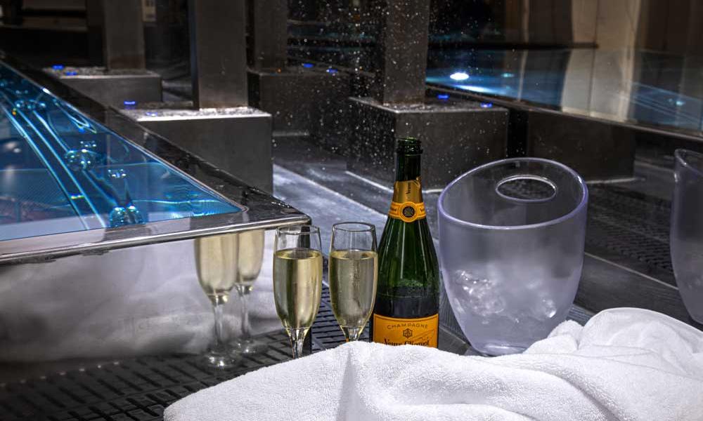 spaflo towel and champagne with custom-built stainless steel spa