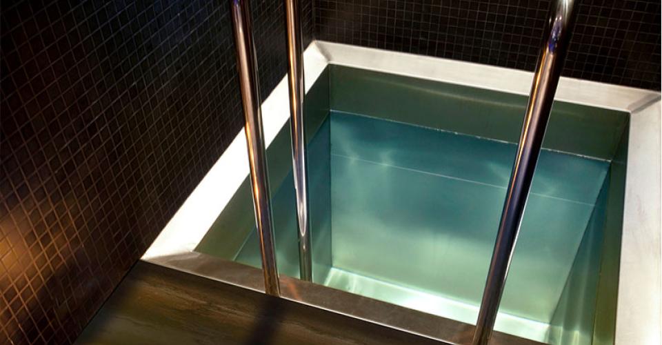 A small, square stainless steel cold plunge pool with handrails to aid entry and exit