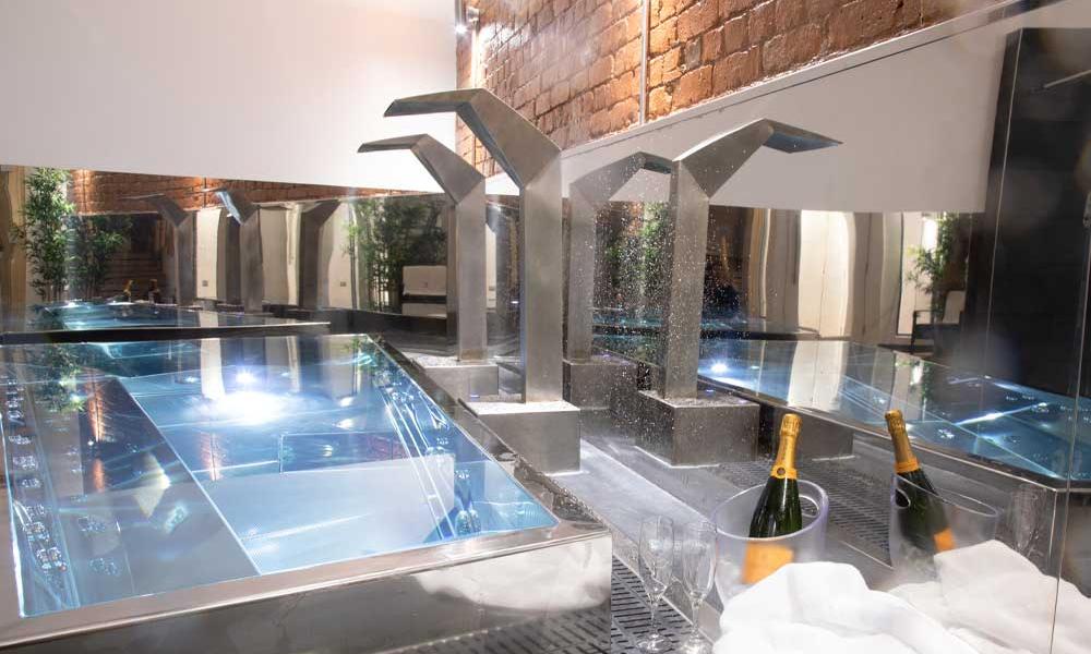 bespoke stainless steel spa installation in an indoor spa